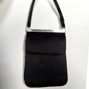 Vintage La Rue Black Satin & Silver Handbag Evening Bag Purse Mid Century